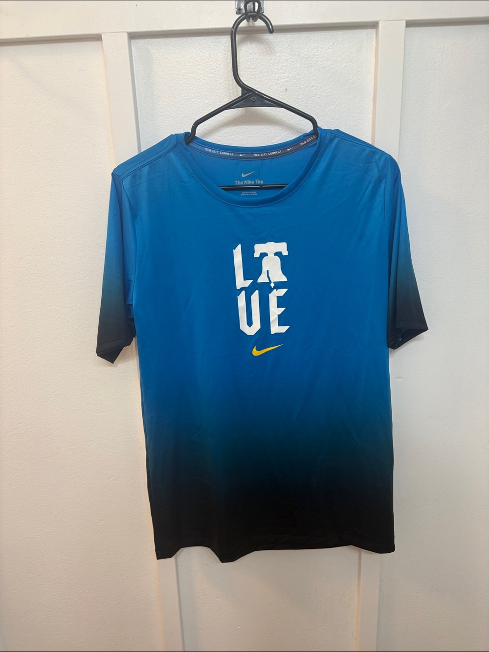 Nike Blue-to-Black Gradient Tee with Yellow Swoosh